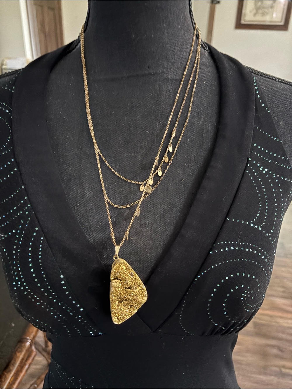 Gold Druzy Layered Pendant Necklace - Gold tone 14 inches